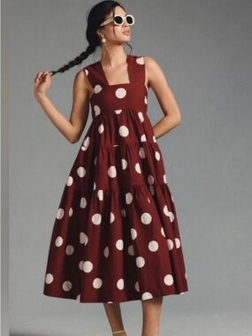 Anthropologie Maroon Midi Dress with Cream Polka Dots